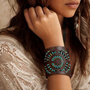 Boho Brown Leather Wide Cuff Bracelet Turquoise Beaded Brass Statement 8"